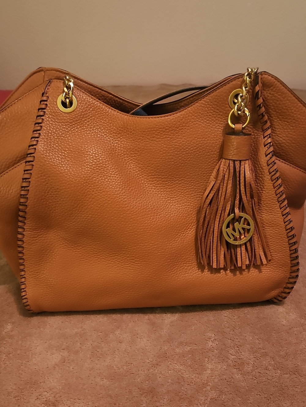 Michael Kors Cognac Pebbled Leather Shoulder Tote with Tassel